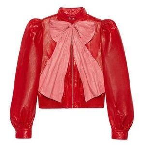 Gucci 2017 Red Leather Bomber Jacket w/Pink Bow SZ Small